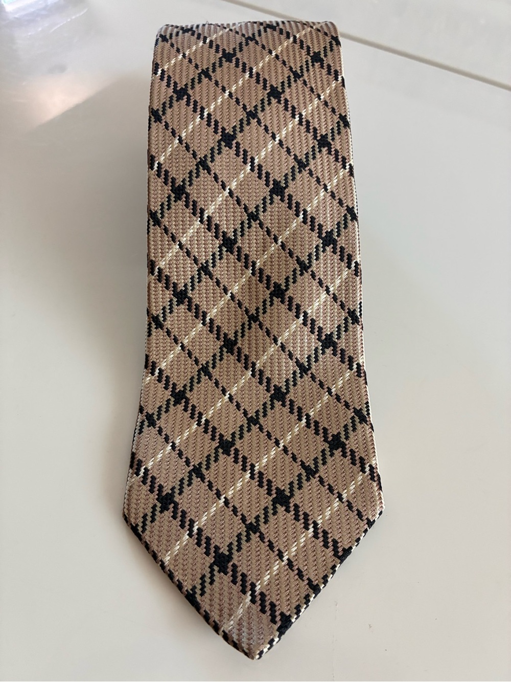Zara Man Silk Beige and Black Plaid Necktie Classic Capsule Wardrobe Timeless